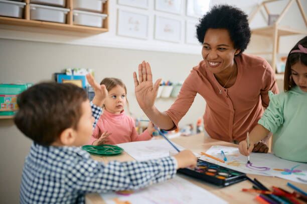About Us A childcare educator engaging with children in a creative activity at an early learning centre in Perth, fostering a fun and interactive learning environment at one of the best childcare centres in Perth.