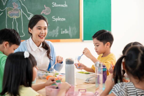 About Us Children enjoying a meal with their educator at an early learning centre Perth WA, in a quality early learning centre that promotes healthy habits.