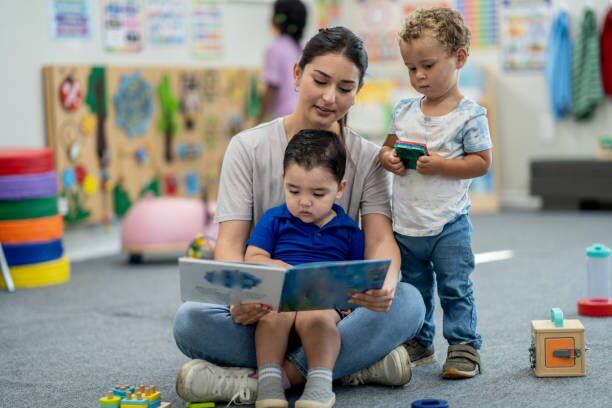 About Us Educator reading to young children at an early learning centre in Perth, WA.